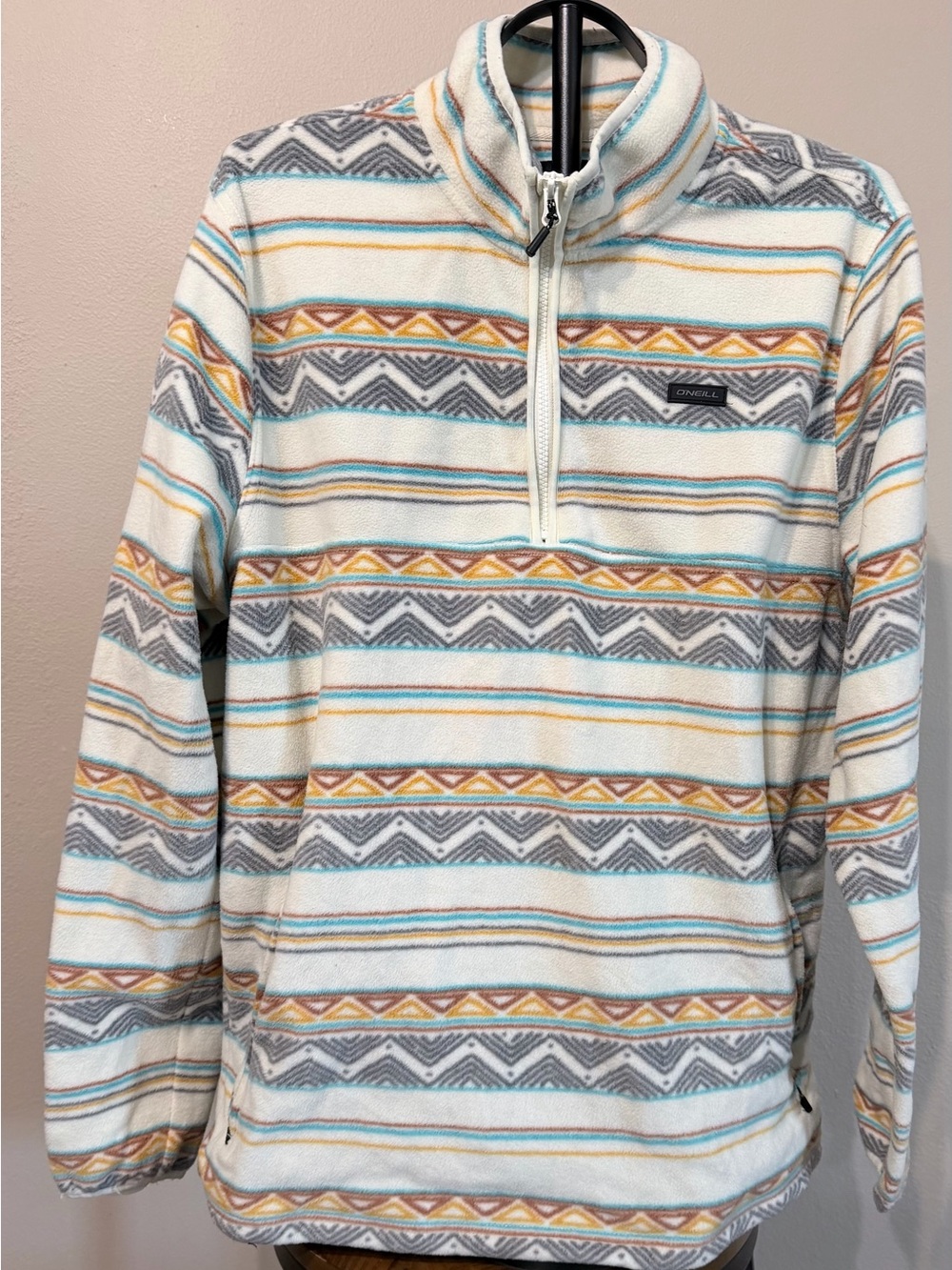 O'Neill Men's Cream Zip-Up Fleece with Gray, Tan & Light Blue Stripes